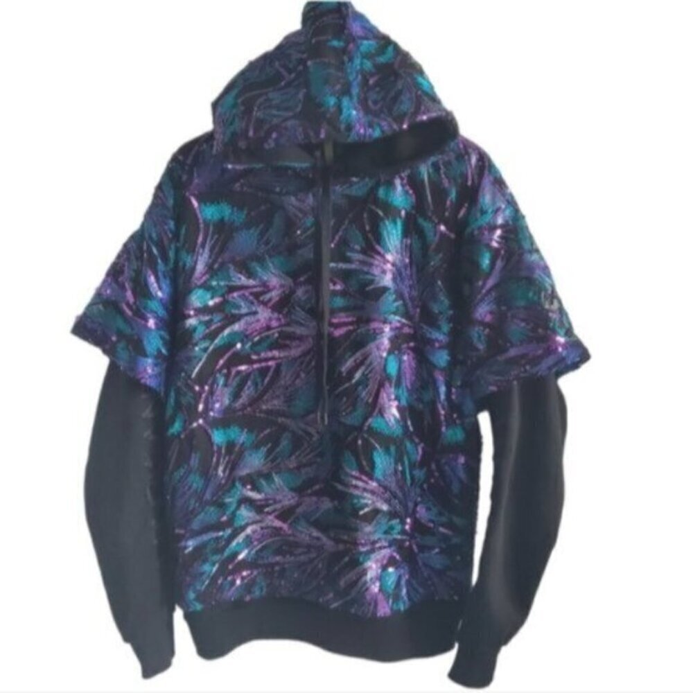 Mark Antoine Blue, Purple and Black Sequin Hoodie Sweater Size XS